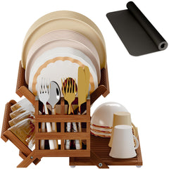 Greenual front view of teak rack showing three tiers and neat organization benefit