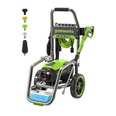 Greenworks pressure washer front view showing compact steel frame benefit portability