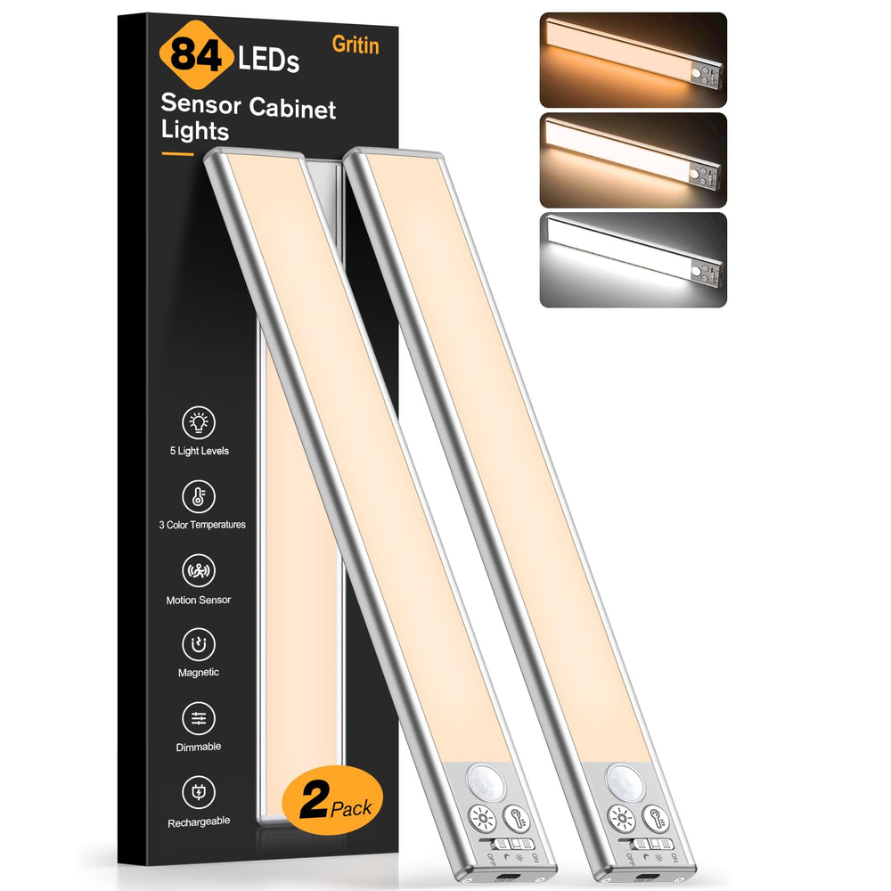 Gritin front view of two 10.2-inch rechargeable under cabinet lights showing slim profile and bright glow