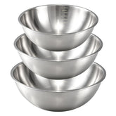 Gronivex front view of three stainless steel mixing bowls showing sizes and finish, durable set