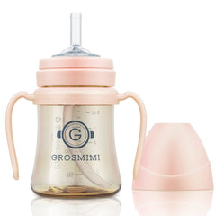 GROSMIMI front view of peach 6oz cup showing spill-proof design and easy grip