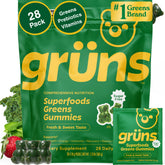 Grüns front packaging showing 28 daily packs and benefits