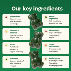 Gummies poured beside bottle to show serving size and count, aids dosing