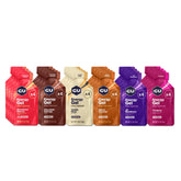 GU Energy pouch front view showing assorted flavors and benefits