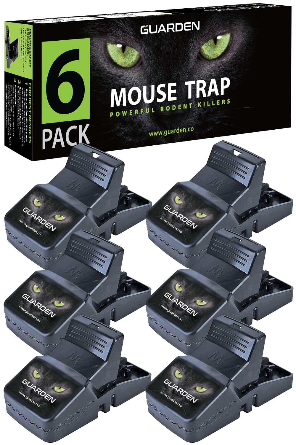 Guarden front packaging showing six small-size traps and clear instructions, easy storage benefit