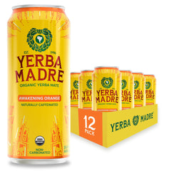 Guayaki Yerba Madre front can showing orange label and refreshing appeal