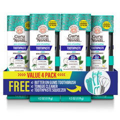 GuruNanda front packaging showing four tubes and accessories, highlights complete kit benefit