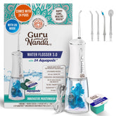 GuruNanda water flosser front view showing controls and compact design for easy storage