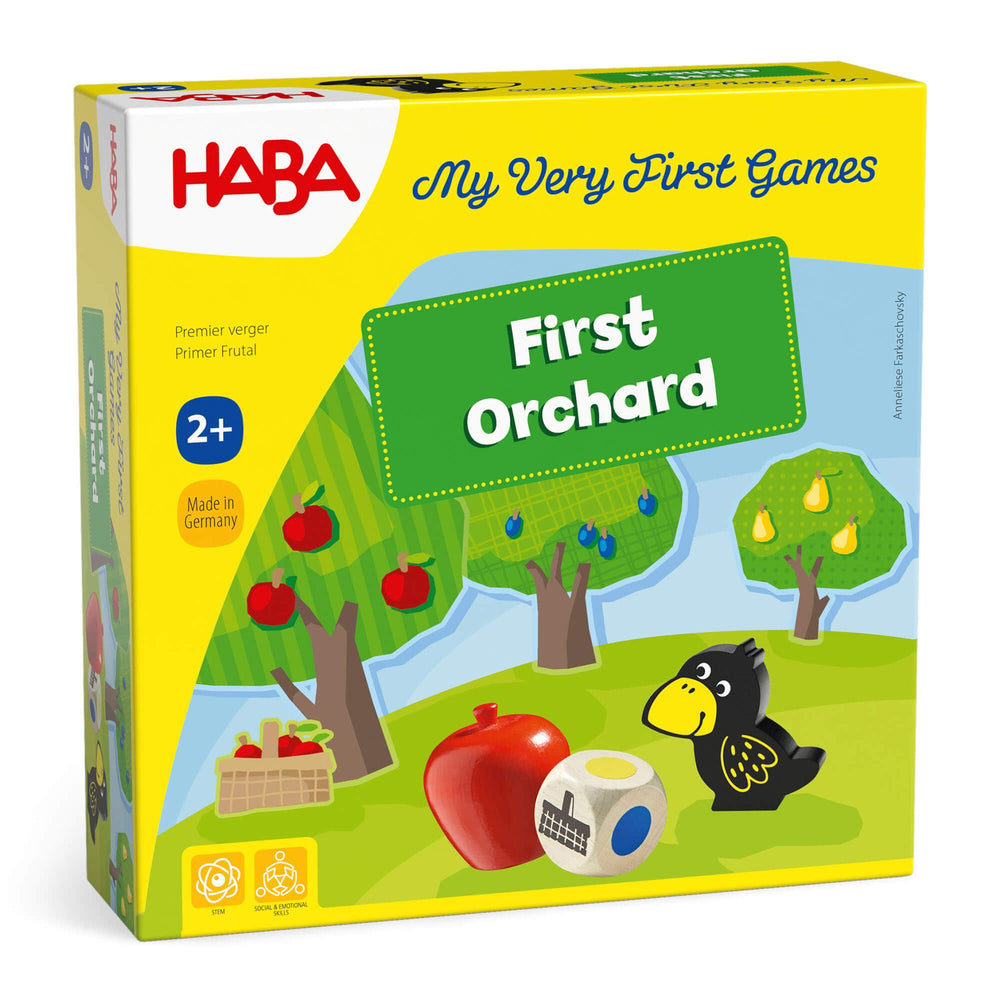 HABA First Orchard front box showing game pieces and cooperative theme