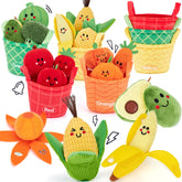 hahaland front packaging showing 16-piece plush fruits and vegetables set benefit visual clarity