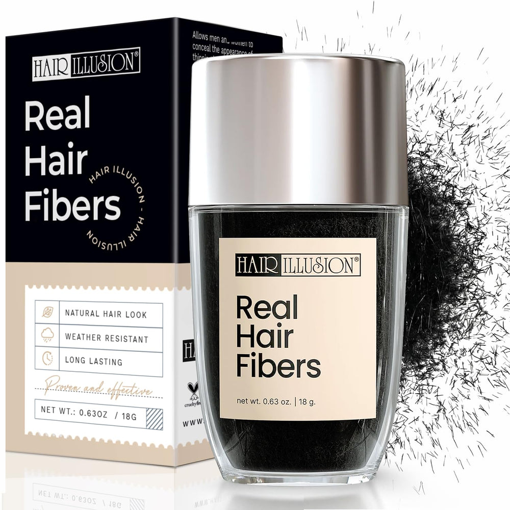 Hair Illusion front packaging showing black real hair fibers and clear labeling for instant coverage
