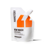 Hairstory New Wash front packaging showing refill container and simple labeling benefit: easy refill