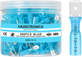 haisstronica front packaging showing 200 blue heat shrink spade connectors and quantity benefit
