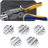 haisstronica front view of crimping tool and six interchangeable dies showing kit portability and readiness