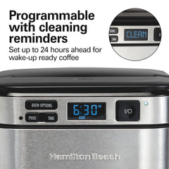 Hamilton Beach swing-open brew basket open for easy filter access and cleaning