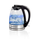 Hamilton Beach glass kettle front view showing clear carafe and handle for stylish countertop benefit