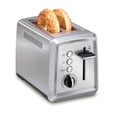 Hamilton Beach toaster front view showing stainless steel and compact design for durable counter use