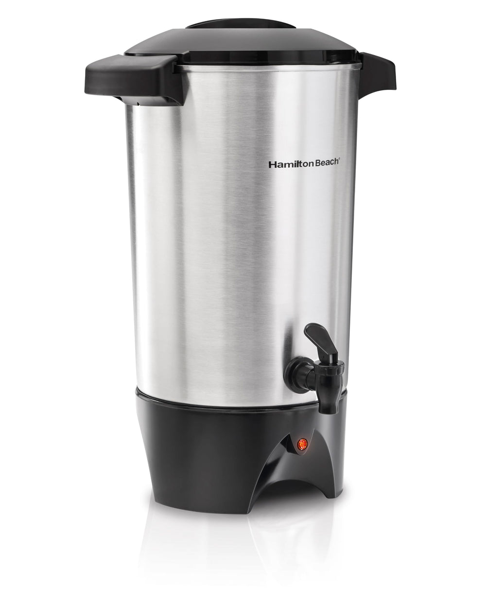 Hamilton Beach urn front view showing silver finish and capacity benefit
