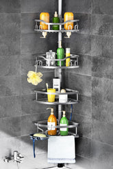 HAMITOR front view of 4-tier corner caddy showing organized bottles and benefits