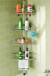 HAMITOR front view corner shower caddy showing four-tier storage and neat organization benefit