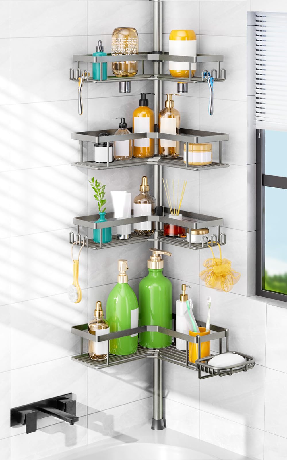 HAMITOR front view L-shaped corner shelf showing stable storage benefit