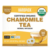 HANDPICK front packaging showing organic chamomile and eco claims, communicates trust