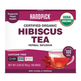 HANDPICK front packaging showing 100 tea bags and product benefit