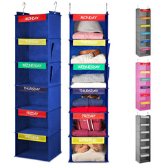 Handy Laundry front view of blue 6-shelf hanging organizer showing weekly layout and tidy storage