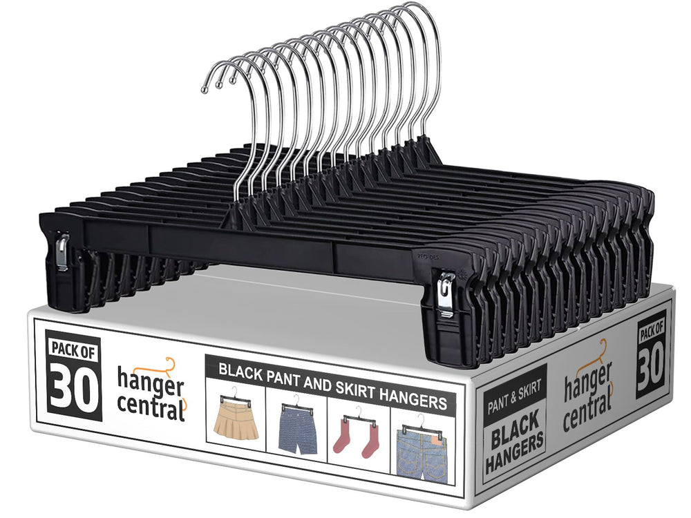 Hanger Central front packaging showing 30-pack black slim hangers and compact benefit