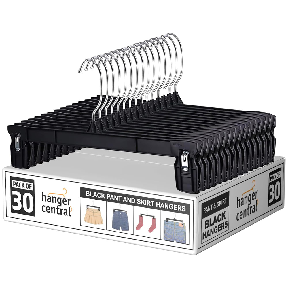 Hanger Central front pack of 30 black youth clip hangers showing quantity and color for organization