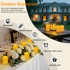 Haown candles arranged on patio table at dusk, creates cozy outdoor ambiance
