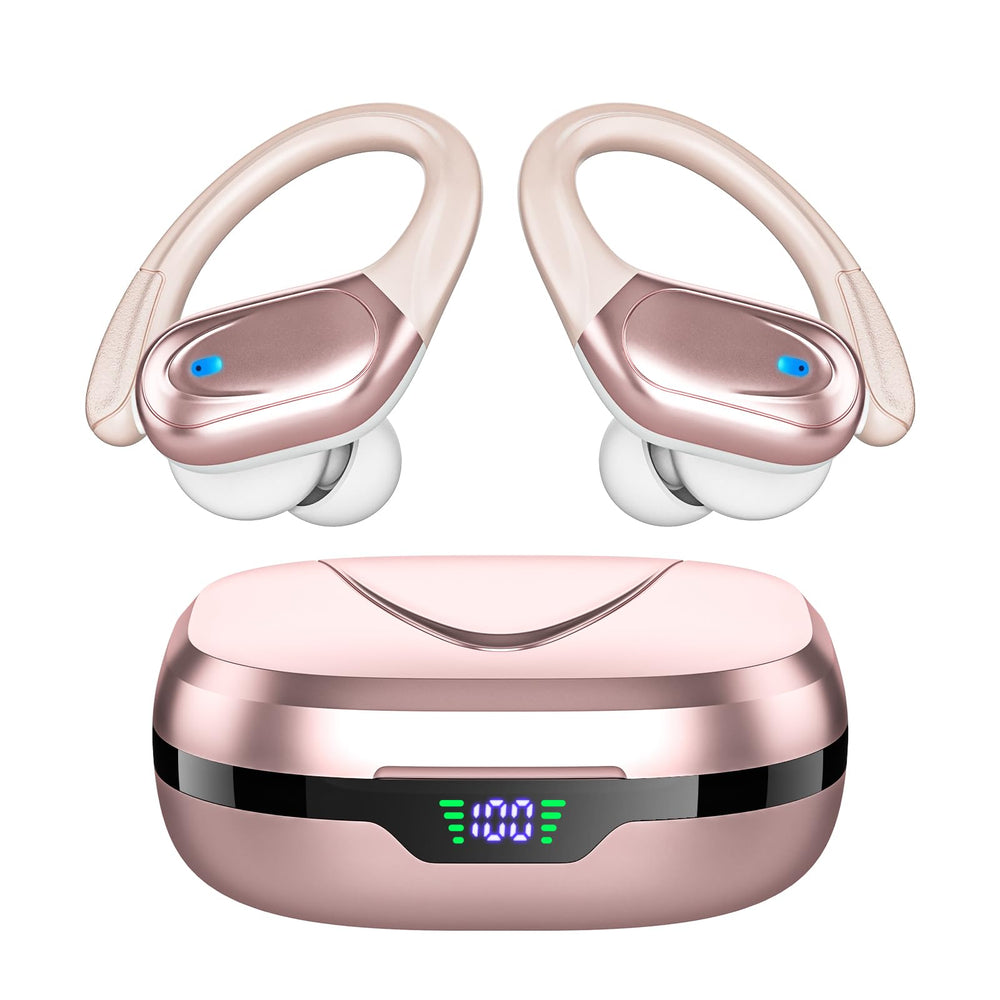 HAOYUYAN front view with case open showing earbuds and LED display benefit quick battery checks