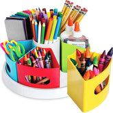 Hapinest rotating caddy front view showing organized crayons and markers and easy access