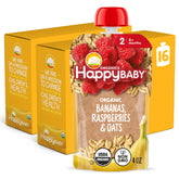 Happy Baby front packaging showing organic banana raspberry oats and clear jar benefits