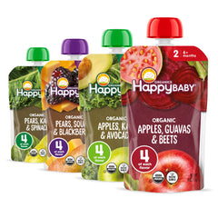 Happy Baby front packaging showing Stage 2 variety and clear pouches for easy choice