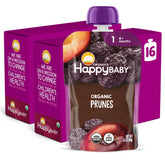 Happy Baby prune pouch front view showing clear packaging and whole ingredient benefit