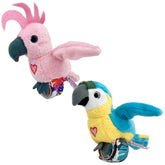 Happy Yappers cockatoo and blue parrot front view showing plush details and bracelet — Happy Yappers adds interactive fun