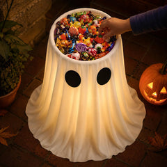 HAPPYCLUB front view ghost bowl showing full porch-ready display and trick-or-treat access