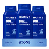 Harry's front bottle showing Stone scent and easy one-step benefit