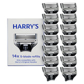 Harry's front packaging showing 14-count refill pack and easy storage benefit