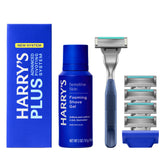 Harry's front packaging showing complete Plus shaving kit benefits