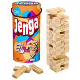 Hasbro front packaging showing the Jenga set and portable tube benefit