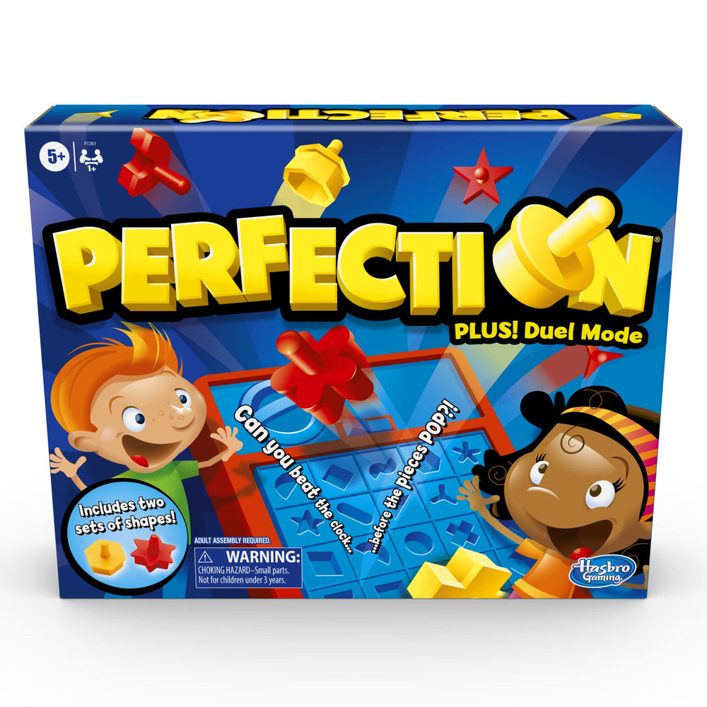 Hasbro Perfection front packaging showing game and age recommendation, invites quick play
