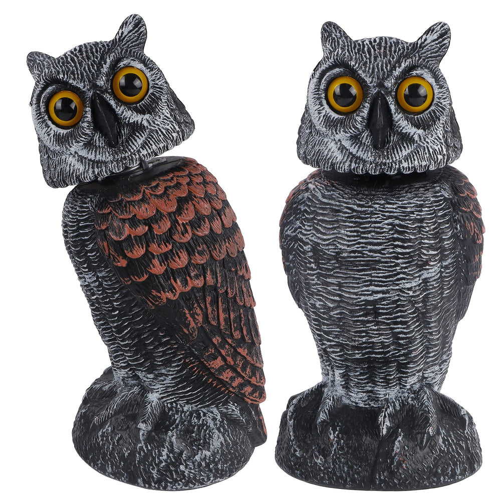Hausse front view showing two owl decoys protecting a garden