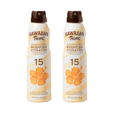 Hawaiian Tropic clear spray front packaging showing travel-ready two-pack benefit