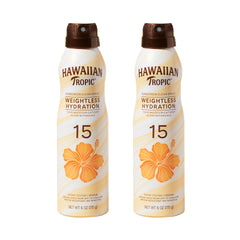 Hawaiian Tropic clear spray front packaging showing travel-ready two-pack benefit