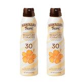 Hawaiian Tropic front packaging showing two 6 oz spray bottles and benefits