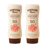 Hawaiian Tropic front packaging showing SPF 50 and two-pack benefit
