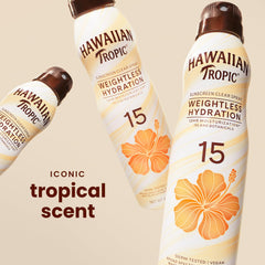 Hawaiian Tropic fine mist spray in use for fast even coverage benefit
