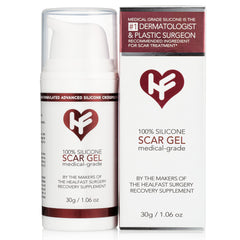 HealFast front packaging showing medical grade silicone gel for visible scar support